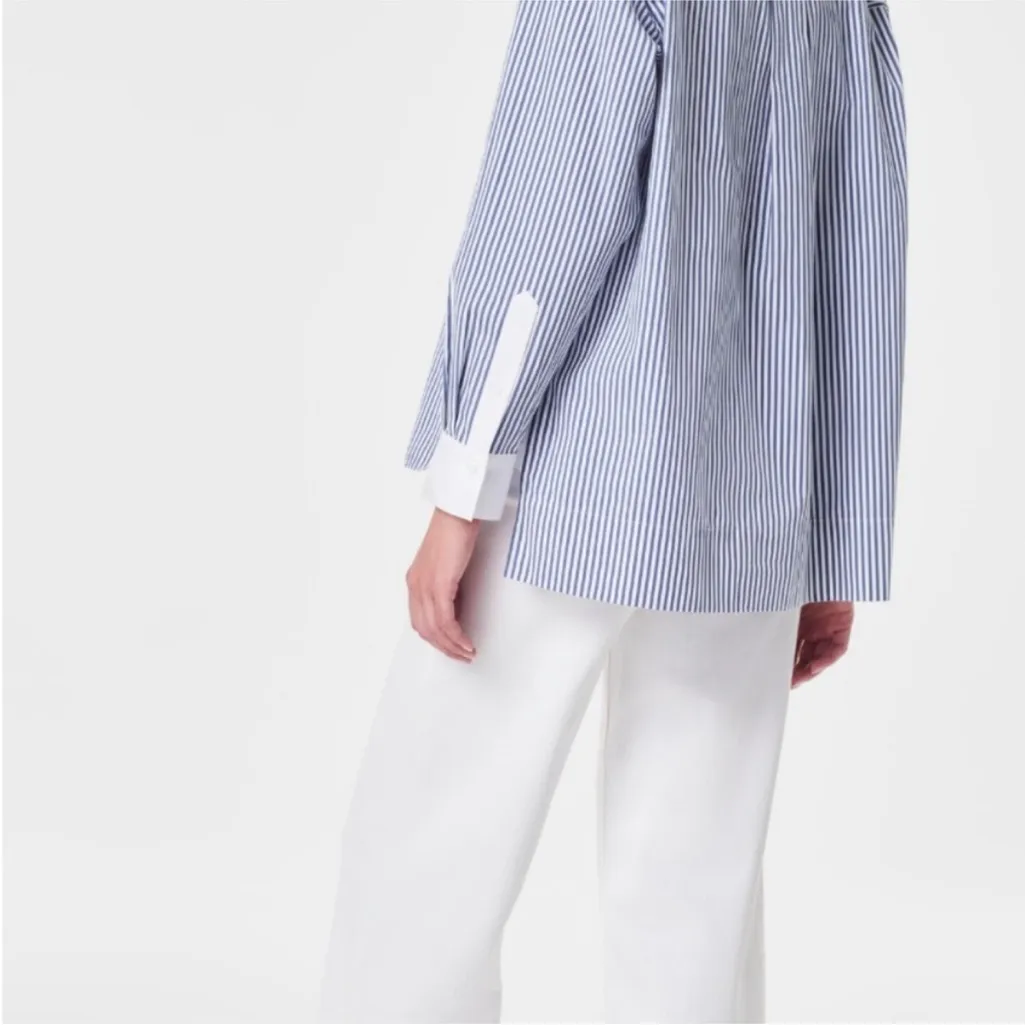 Spanx Poplin Tuxedo Button Front Shirt Blue and White Striped Blouse Small - Image 2