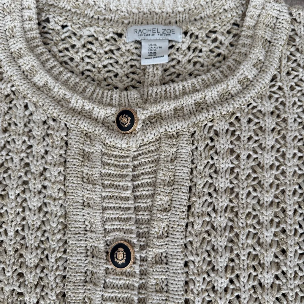 Rachel Zoe Sweater Womens XL Tan Gold Metallic Open Knit Cardigan Crest Buttons - Image 10