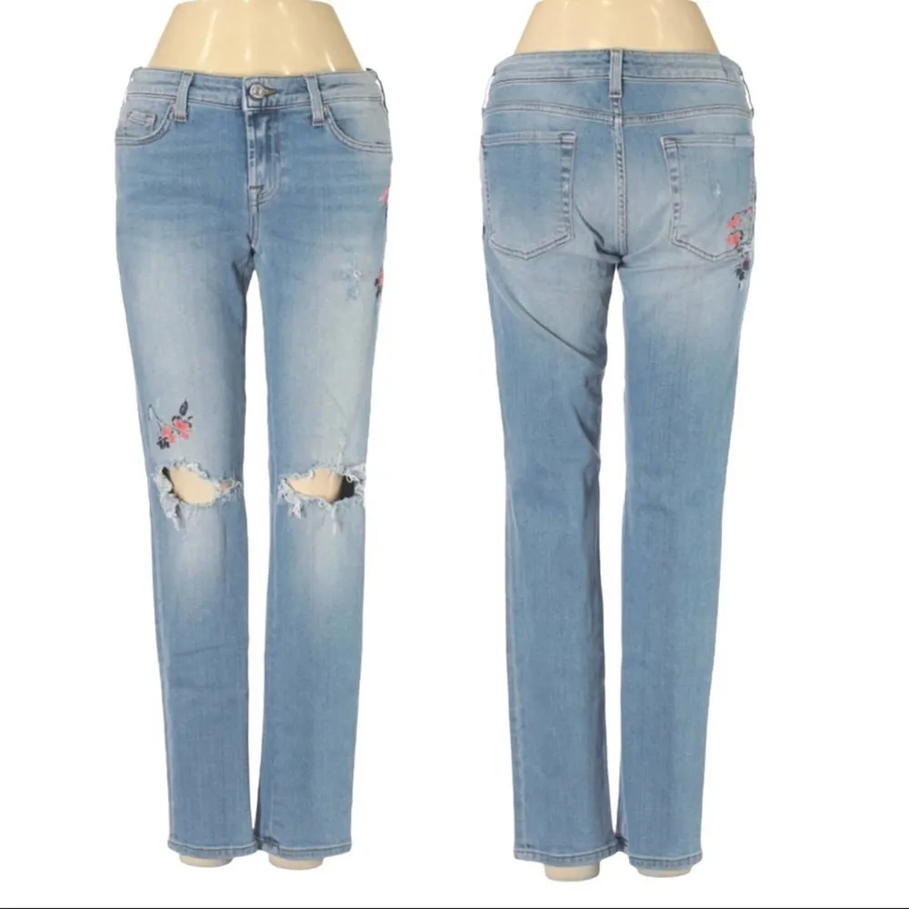 RARE 7FAMK Pyper Crop in Fire Red Floral Embroidered Distress Bohemian Jeans 26 - Image 13