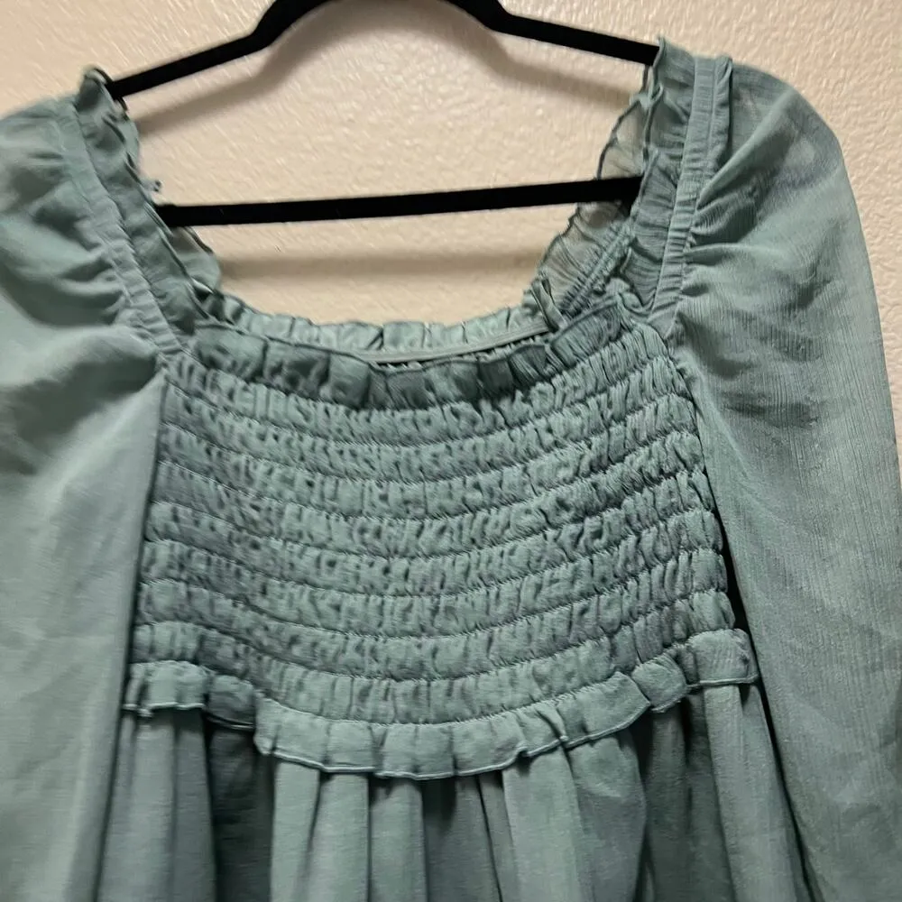 Asos Teal Shirred Skater Dress Long Sleeve Babydoll Mini Dress Smocked Size 6 - Image 4