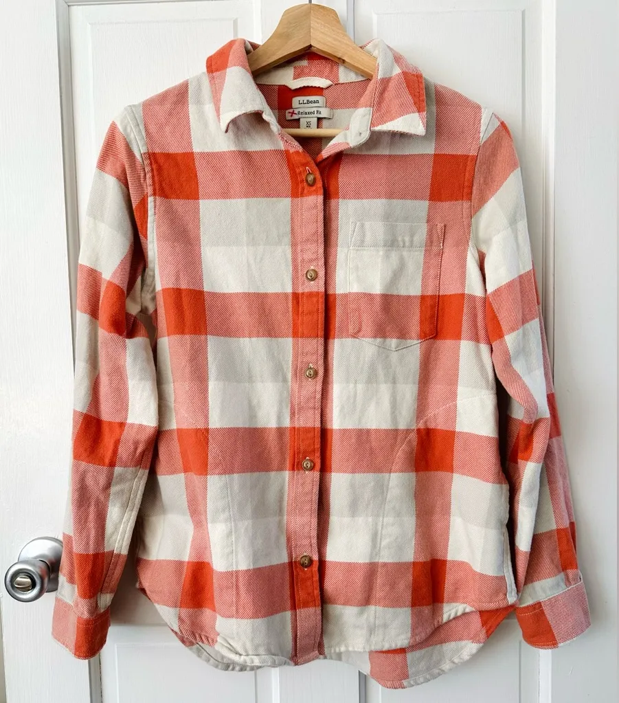 LL Bean Chamois Cotton Flannel Plaid Relaxed Fit Button Up Shirt Shacket Size XS Orange - Image 1