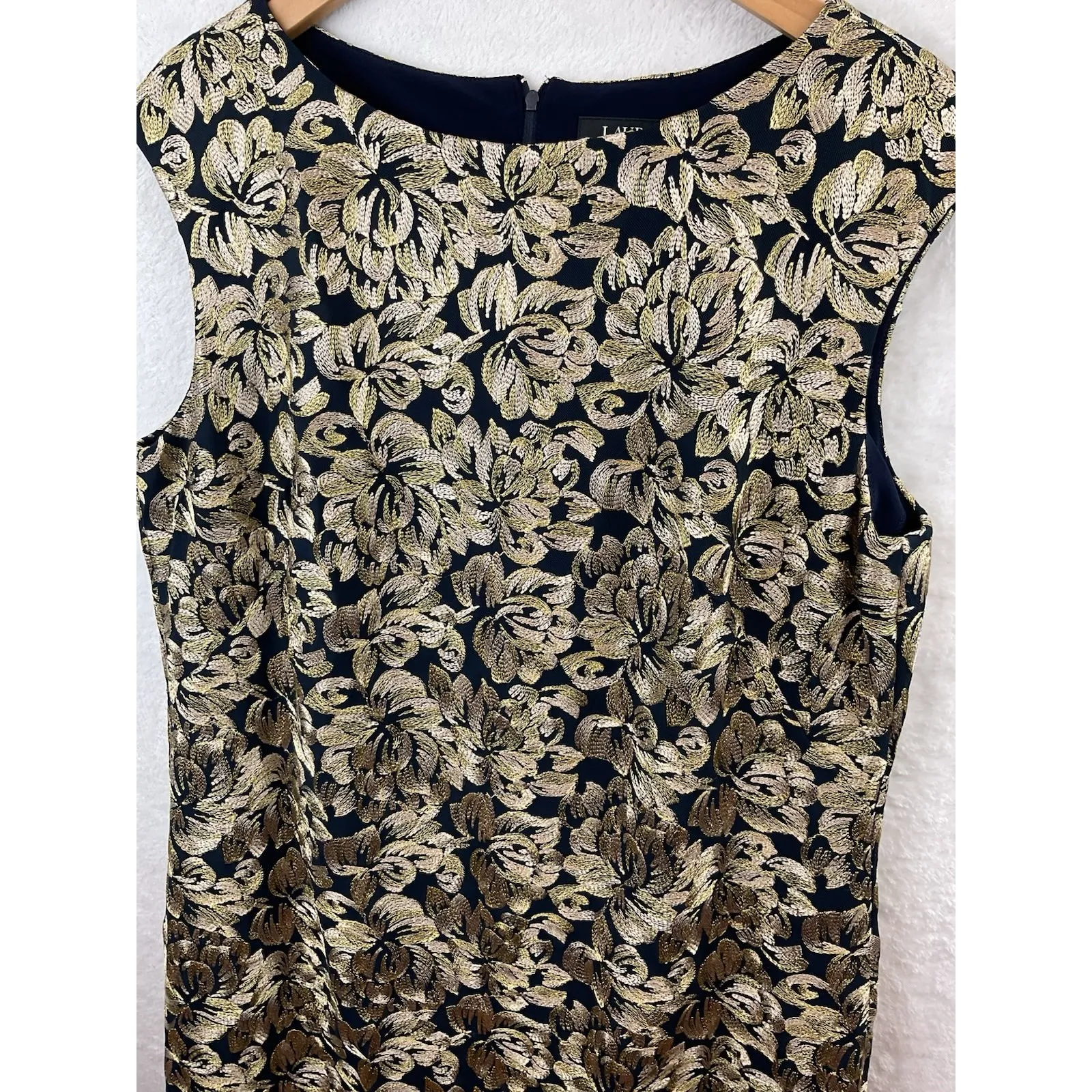 Lauren Ralph Lauren Women's Navy Gold Floral Embroidered Cap Sleeve Dress  14 - Image 7