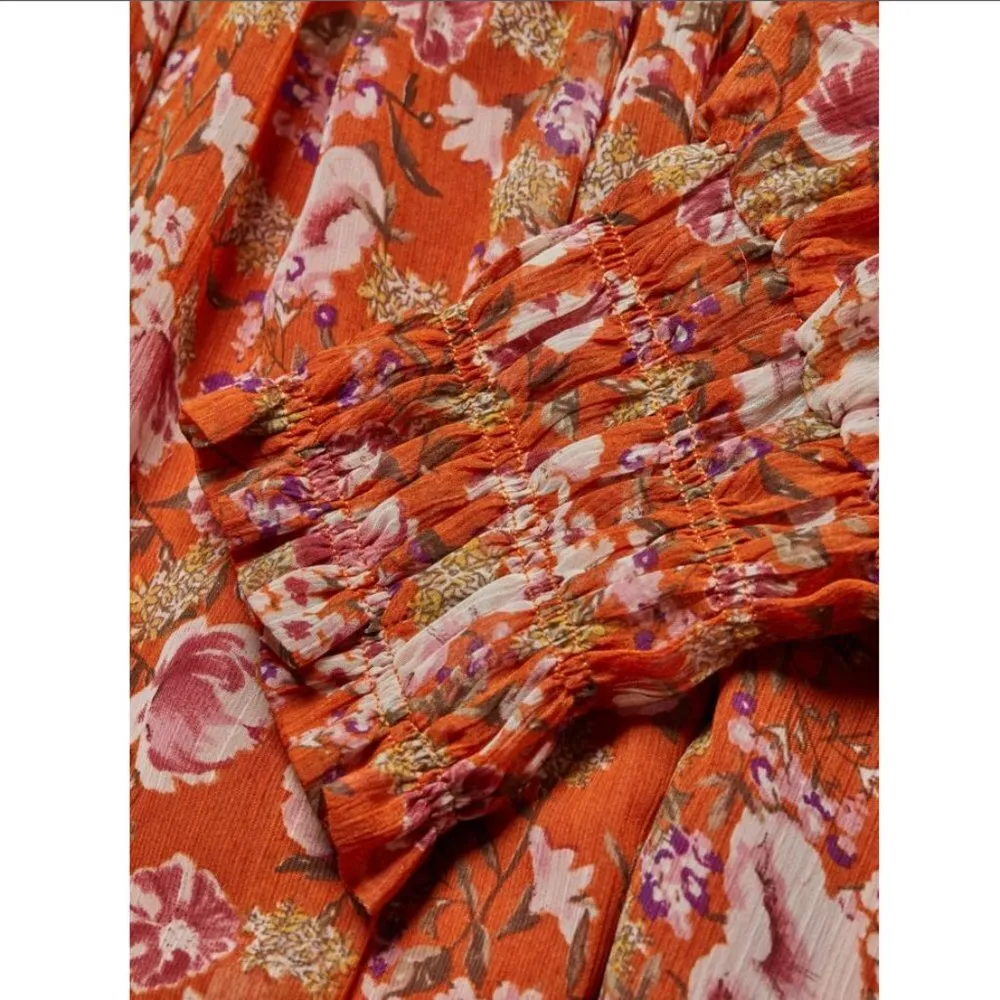 En Saison Smocked Floral Print Mini Dress Orange Multi - Image 6