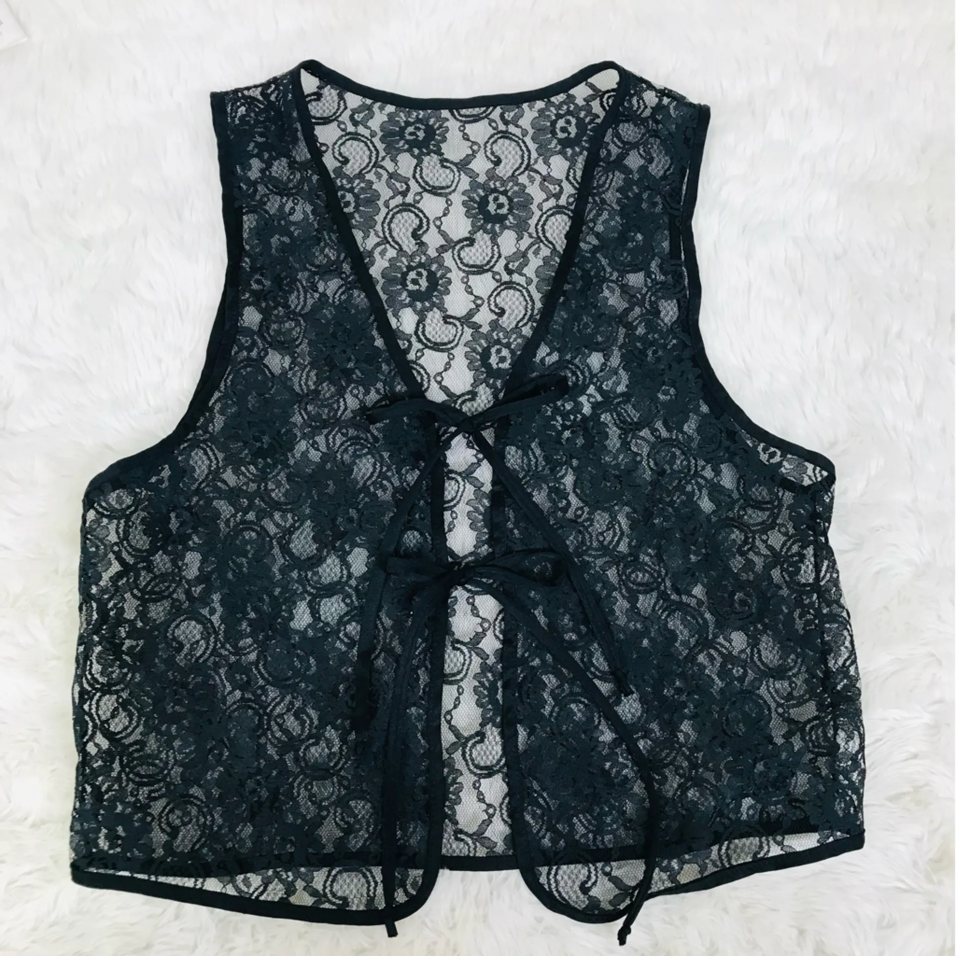 VINTAGE Sheer Black Lace Tie Front Vest Top Small Goth Fairycore Grunge Y2K 90s - Image 4
