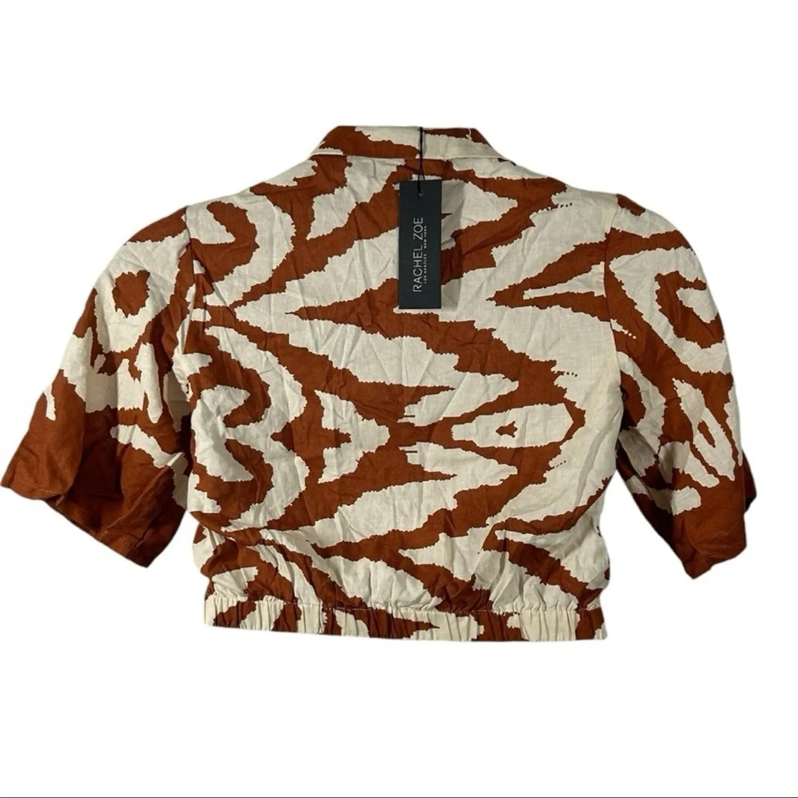RACHEL ZOE Linen Blend Cropped Cow Zebra Print Button Tie Shirt Small NWT - Image 6