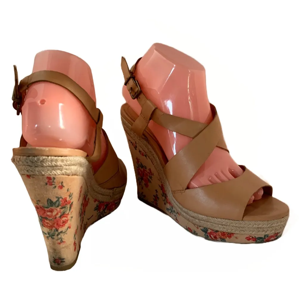 JESSICA SIMPSON "JP MASON" BROWN FAUX LEATHER & FLORAL PRINT WEDGE SANDALS (8) - Image 7