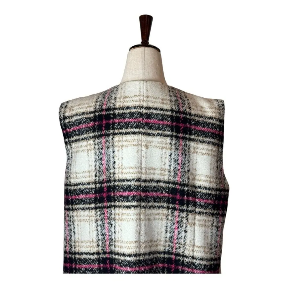 Thakoon Design Nation Vest Women Large Ivory Black Plaid Notch Lapel Open‎ Long - Image 5