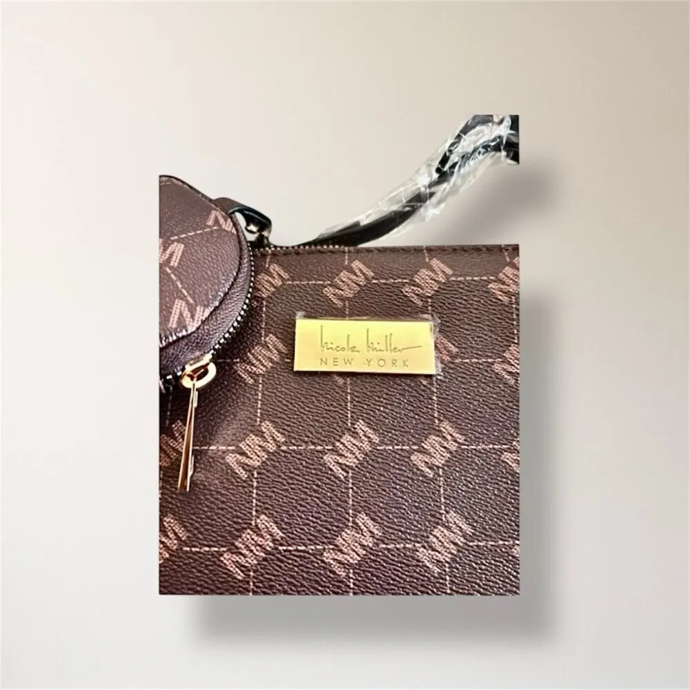 New Nicole Miller New York Brown Monogram Crossbody Bag Coin Purse Minimal Luxe - Image 10