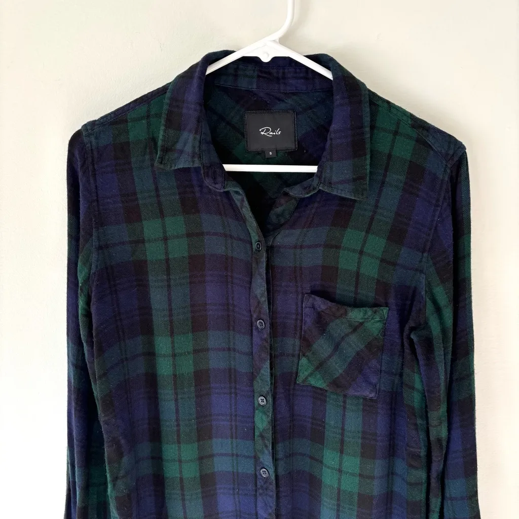 Rails Hunter Midnight Forest Plaid Button Down Long Sleeve Blue Green Lagenlook - Image 2