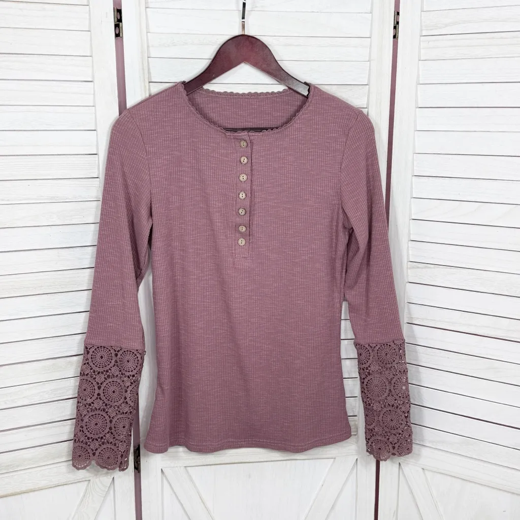 Ribbed Knit Lace Cuff Long Sleeve Henley Shirt Mauve Dusty Rose‎ Size Large Purple - Image 8