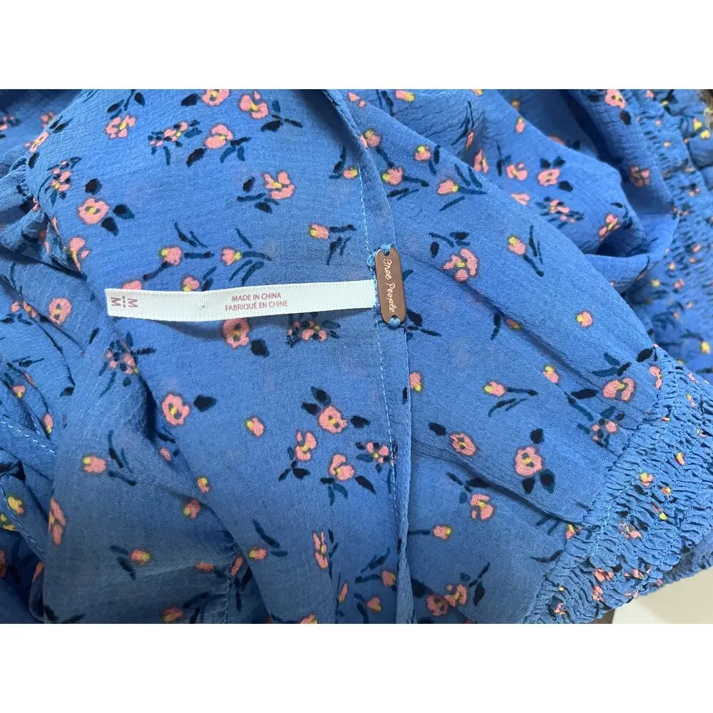 Free People Lolita Blue Smocked Milkmaid Boho Floral Print Crop Top Size Medium - Image 12