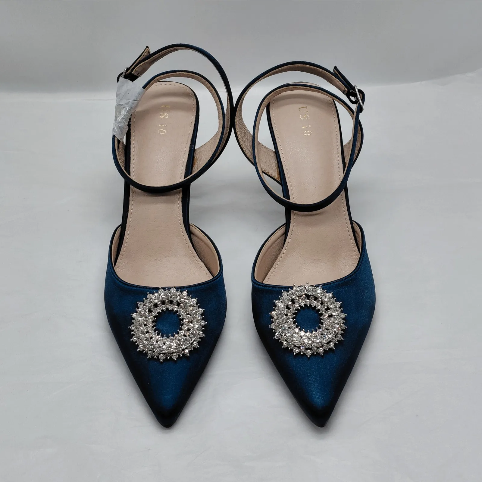 Perphy Womens Heels Size 10 Blue Satin Rhinestone Slingback Cocktail Pumps Shoe - Image 4