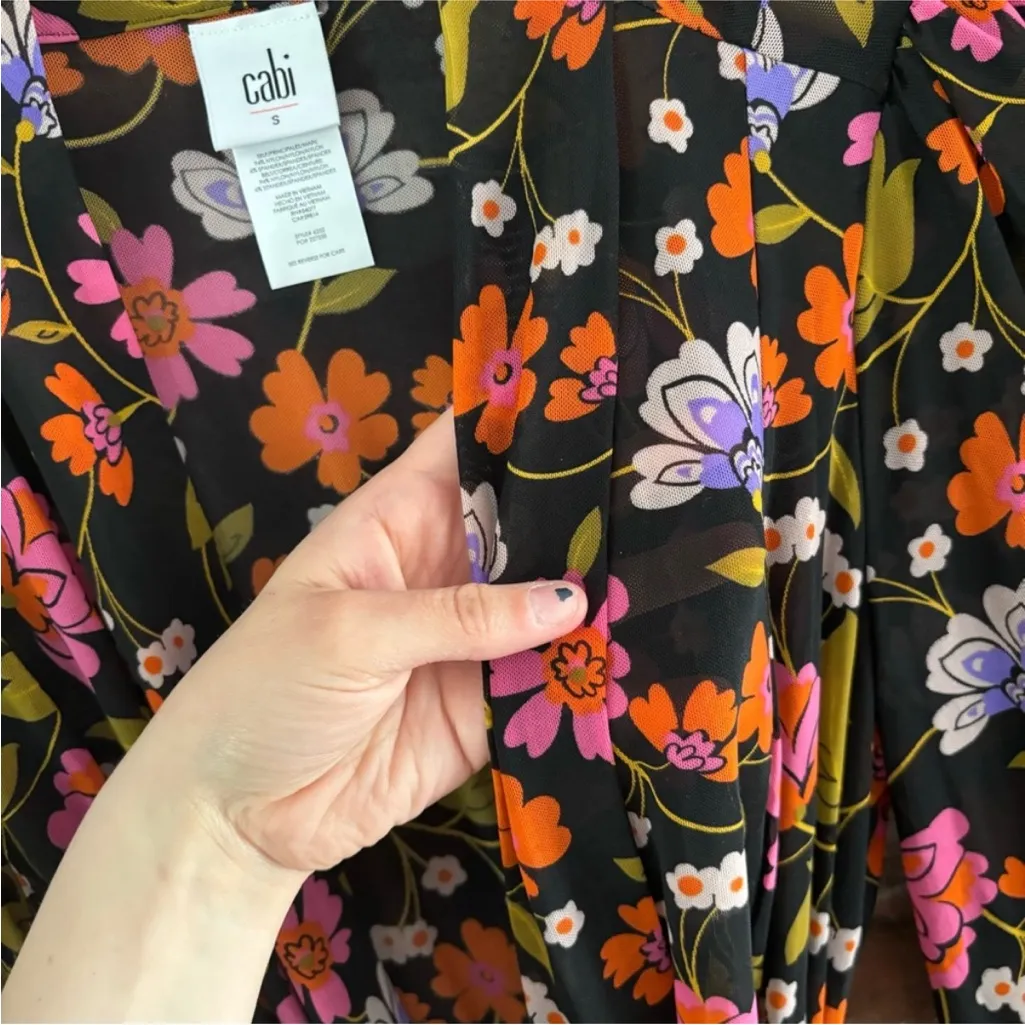 CAbi 6252 Black Floral Mesh Kimono Robe Cover Up Top, S - Image 5
