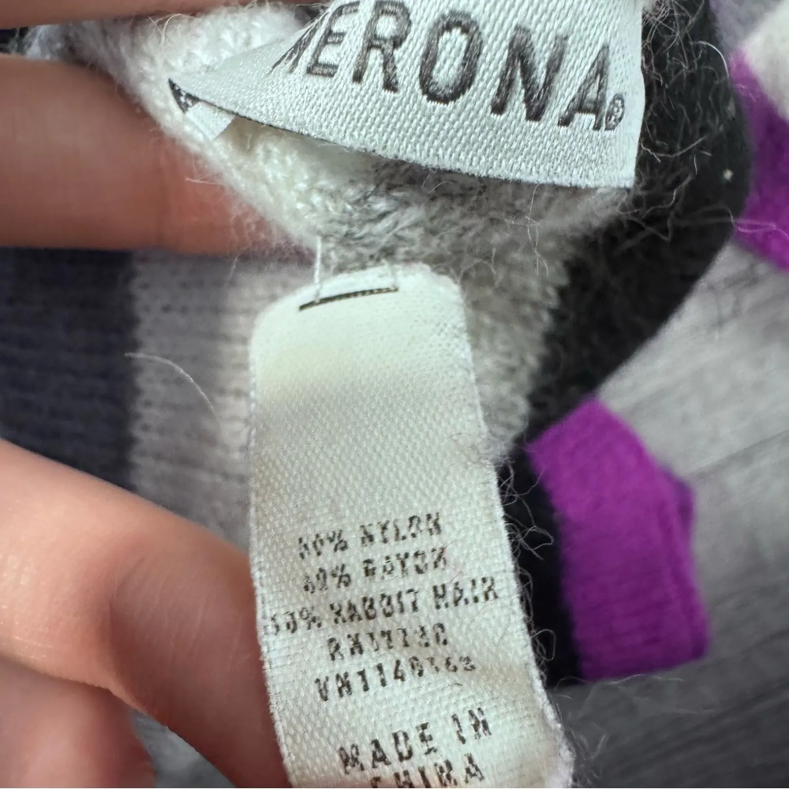 Scarf Rabbit Hair Blend Striped Gray Black White Purple Cozy Winter 61”X 7” - Image 4