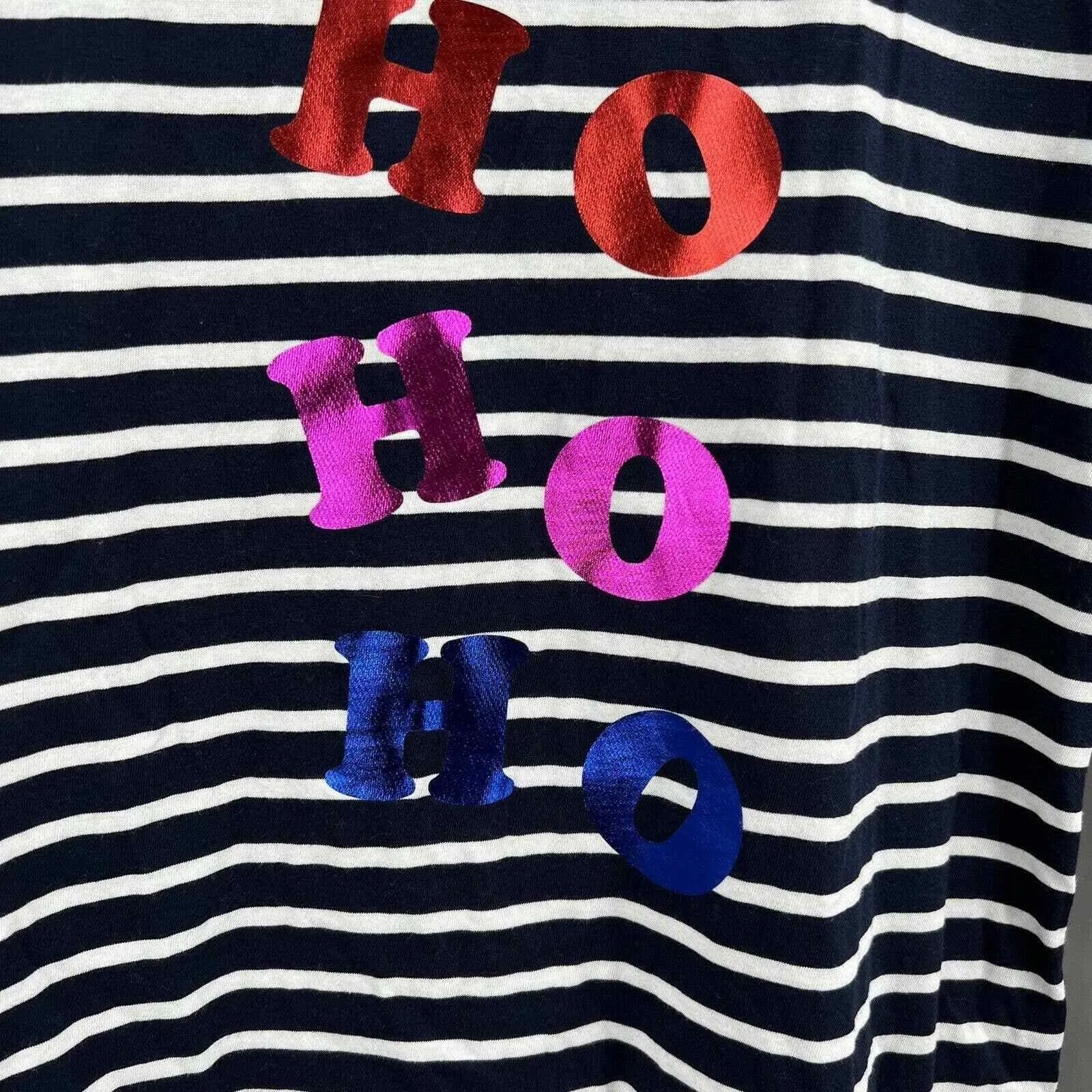 Boden Breton Stripe Ho Ho‎ Ho Metallic Foil Long Sleeve Holiday Tee Size 8 Blue - Image 2