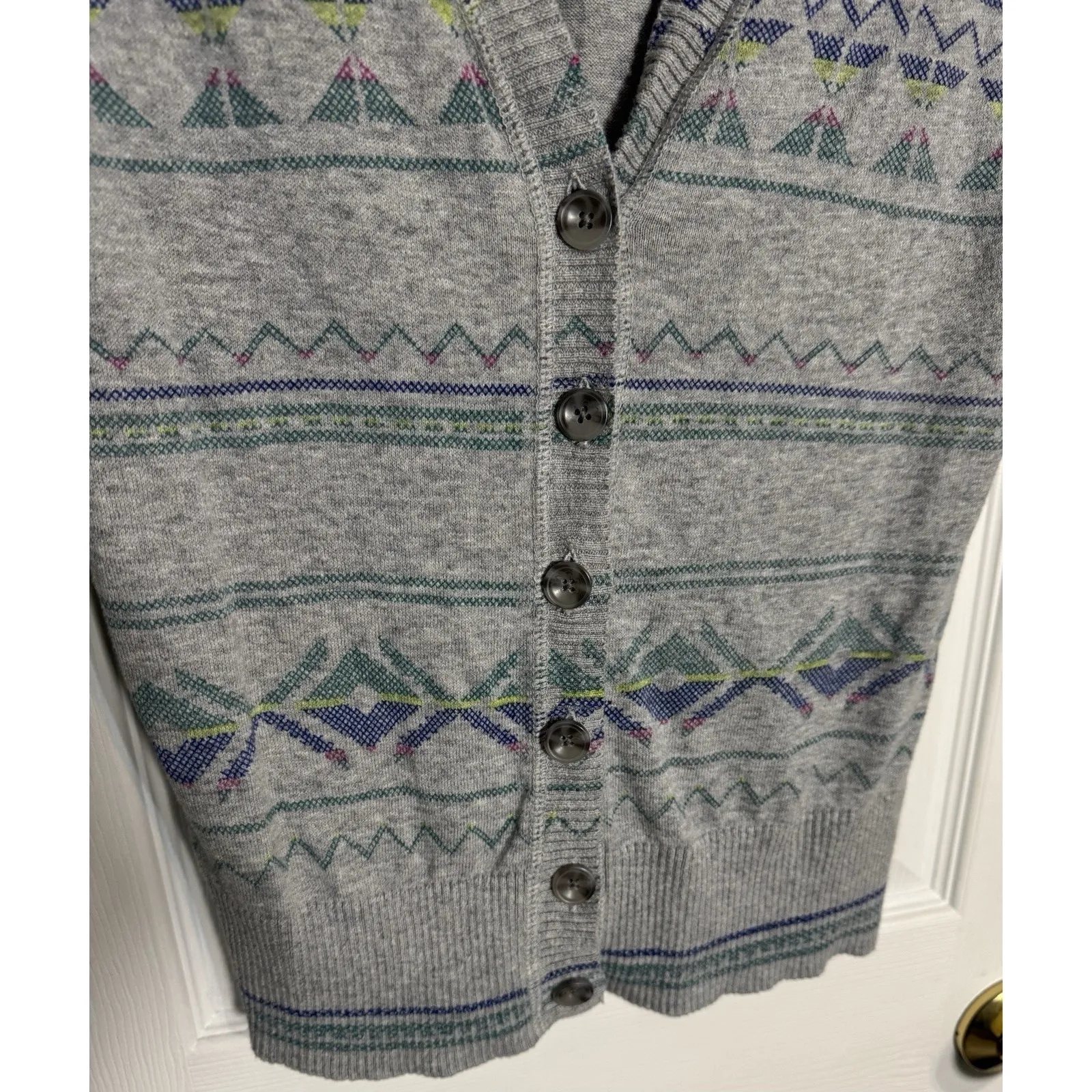 Mossimo Gray Cardigan, Blue/Green Aztec Design, Button Up, Medium - Image 3
