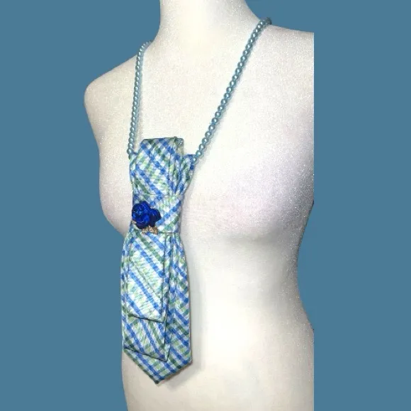 “Dainty Dapper”Blue and Green striped necktie Necklace with brooch Blue - Image 5