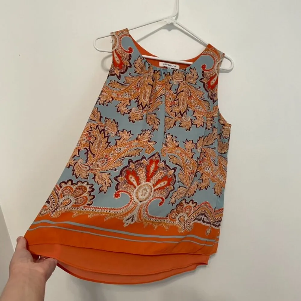 ROSE + OLIVE Orange Blue Paisley Geo Split Back Sleeveless Boho Tank Top Blouse - Image 6