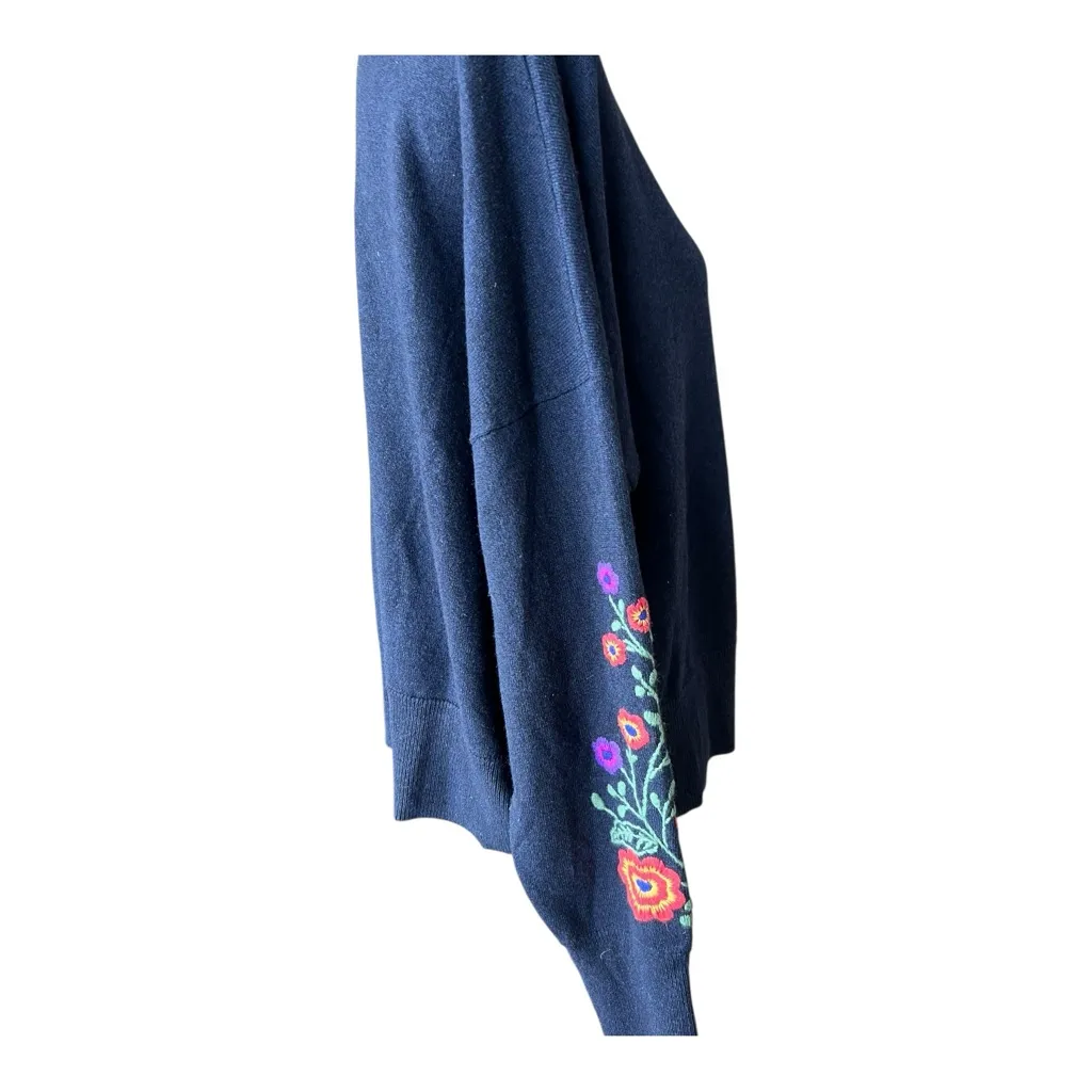 Autumn Cashmere Spring Flowers Embroidered Crew Neck Navy Sweater Size L - Image 5