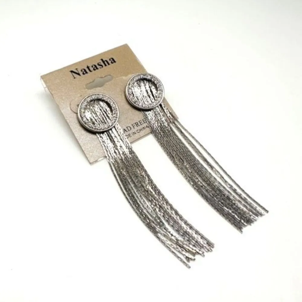 NWT Natasha Silver Tone‎ Fringe Dangle & Pave Rhinestone Earrings Cocktail - Image 4
