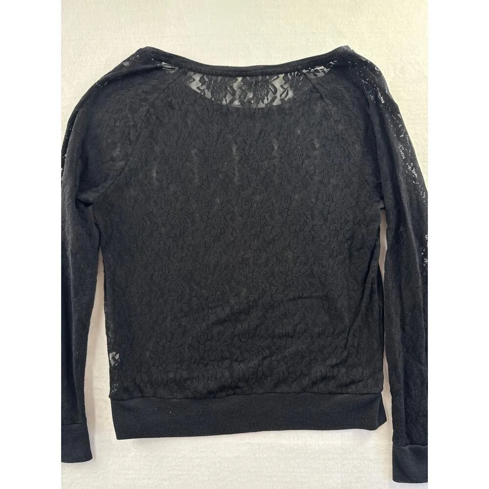 Women’s PINK Black Nylon Sheer Floral Designed Long Sleeve Sz M - Image 4