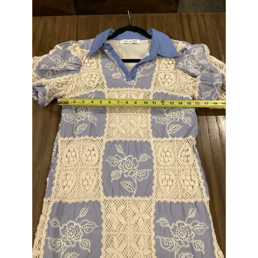 Sofie the Label Sydney Blue Knit Patchwork Mini Dress Collared Puff Sleeve S White - Image 9
