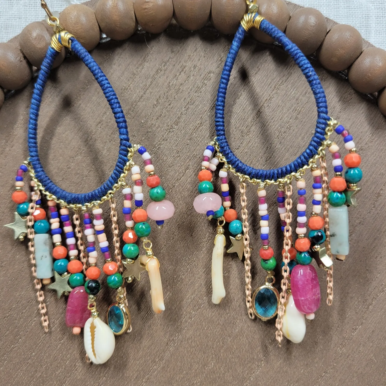 Boho Coral Shell Dangle Earrings Women Coastal Eclectic Beaded Multi Color Blue - Image 11