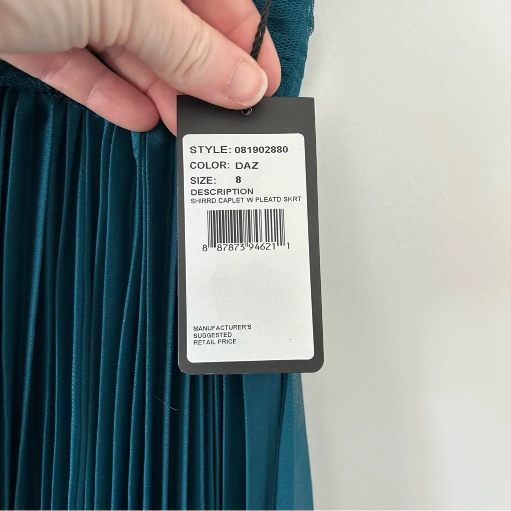 Adrianna Papell Teal Blue Shirred Caplet Embellished Pleated Skirt Gown NWT 8 - Image 6