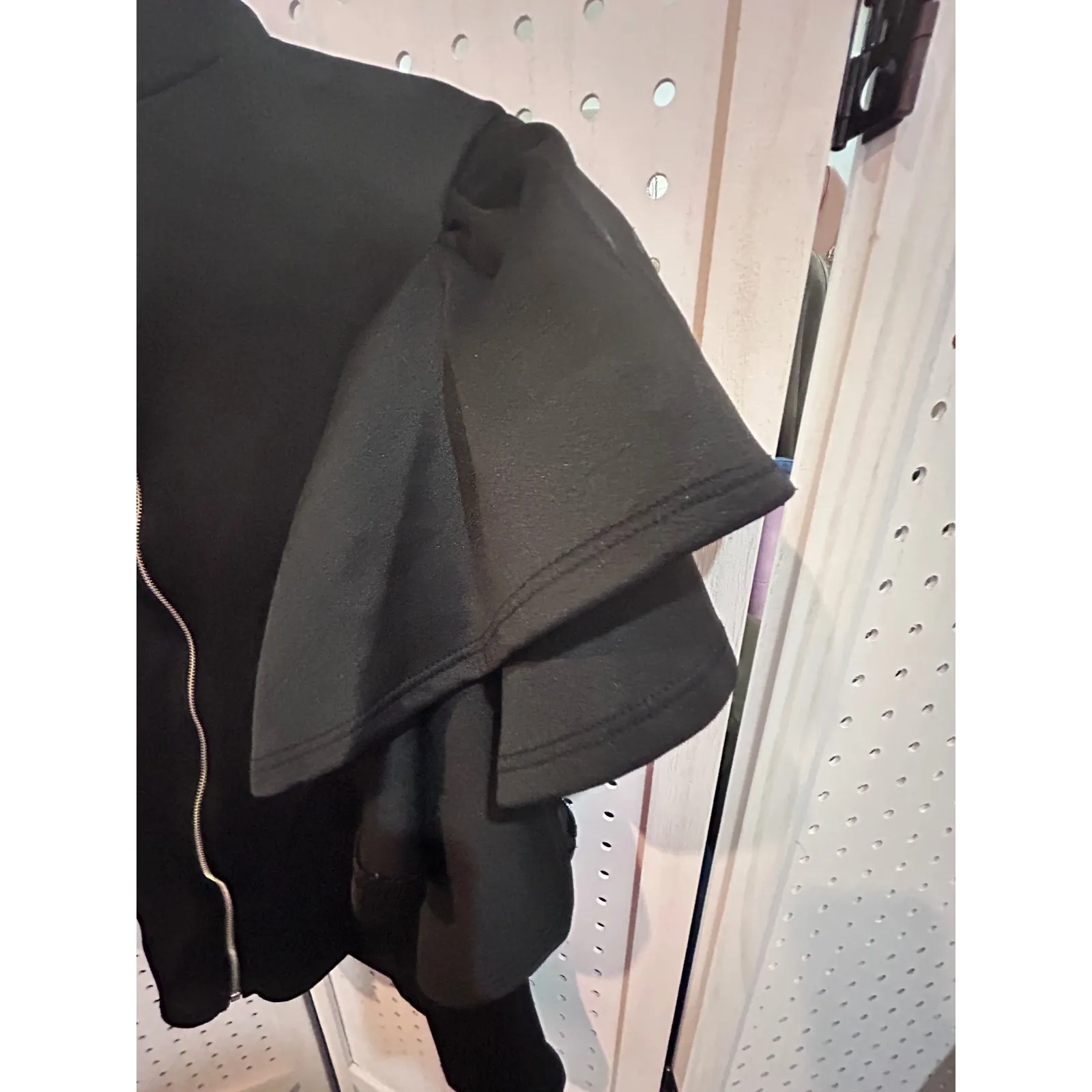 Black‎ Mock Neck Ruffle Sleeve Keyhole Zipper Back Peplum Top - Image 6