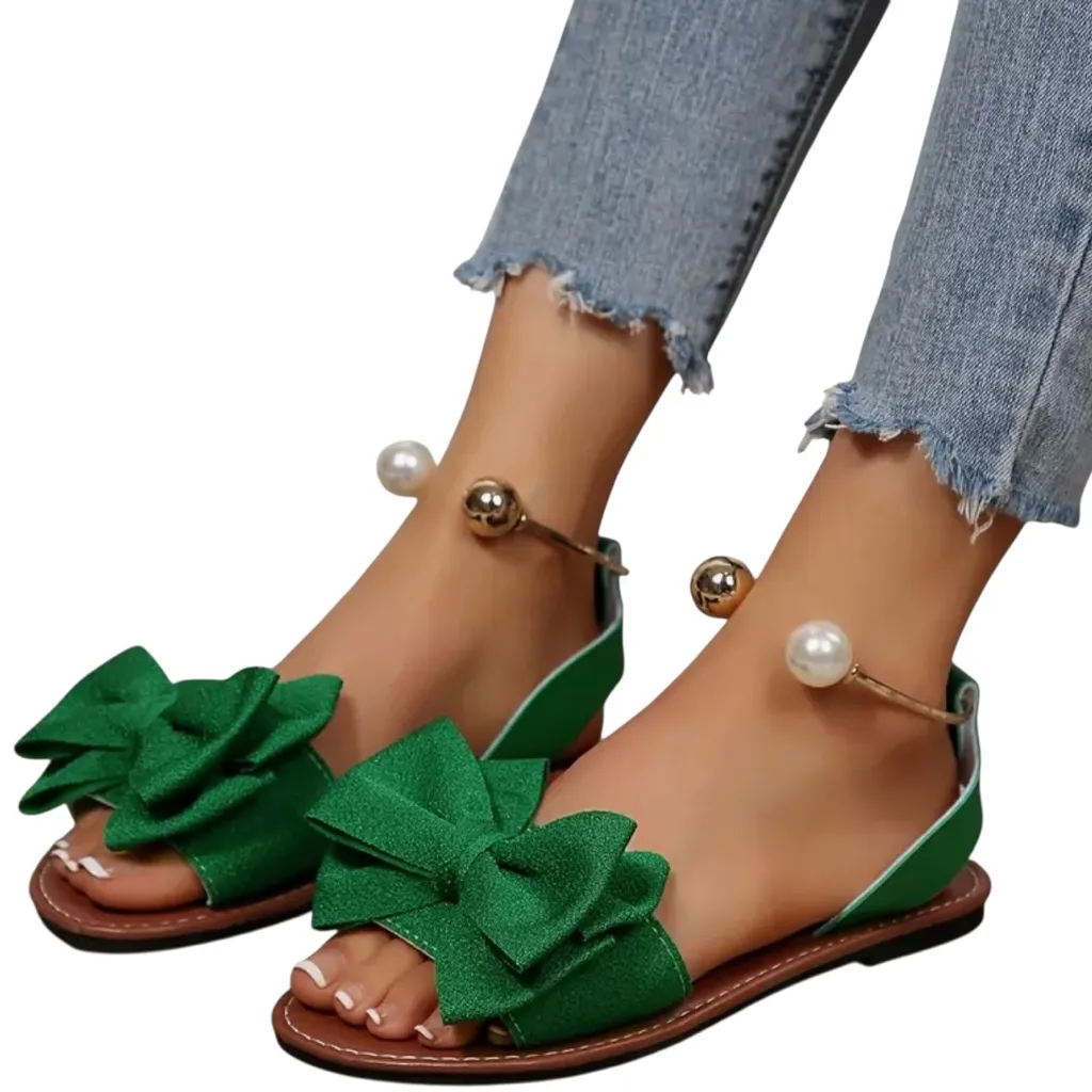 WOMENS FLAT BOW SANDALS WITH METAL & PEARL ANKLE DETAIL Green Size 10 - Image 2