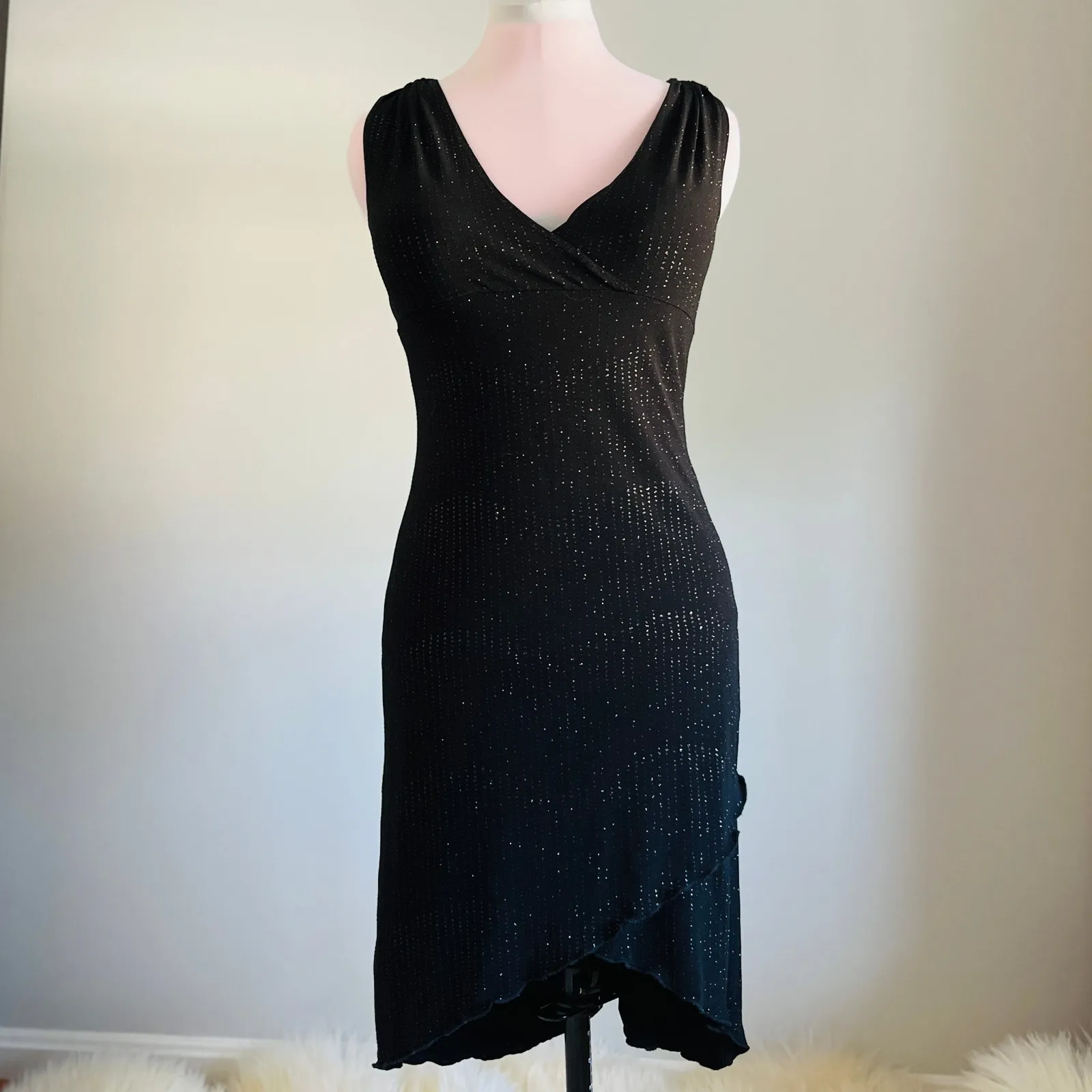 VTG 90s Taboo | Black Sparkly Rhinestone VNeck High Low Midi Cocktail Dress | M - Image 2