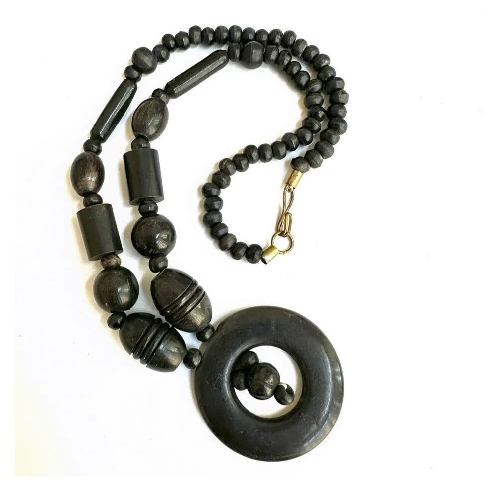 Vintage Scrimshaw Africa Buffalo Horn Tribal Pendant necklace Black - Image 6