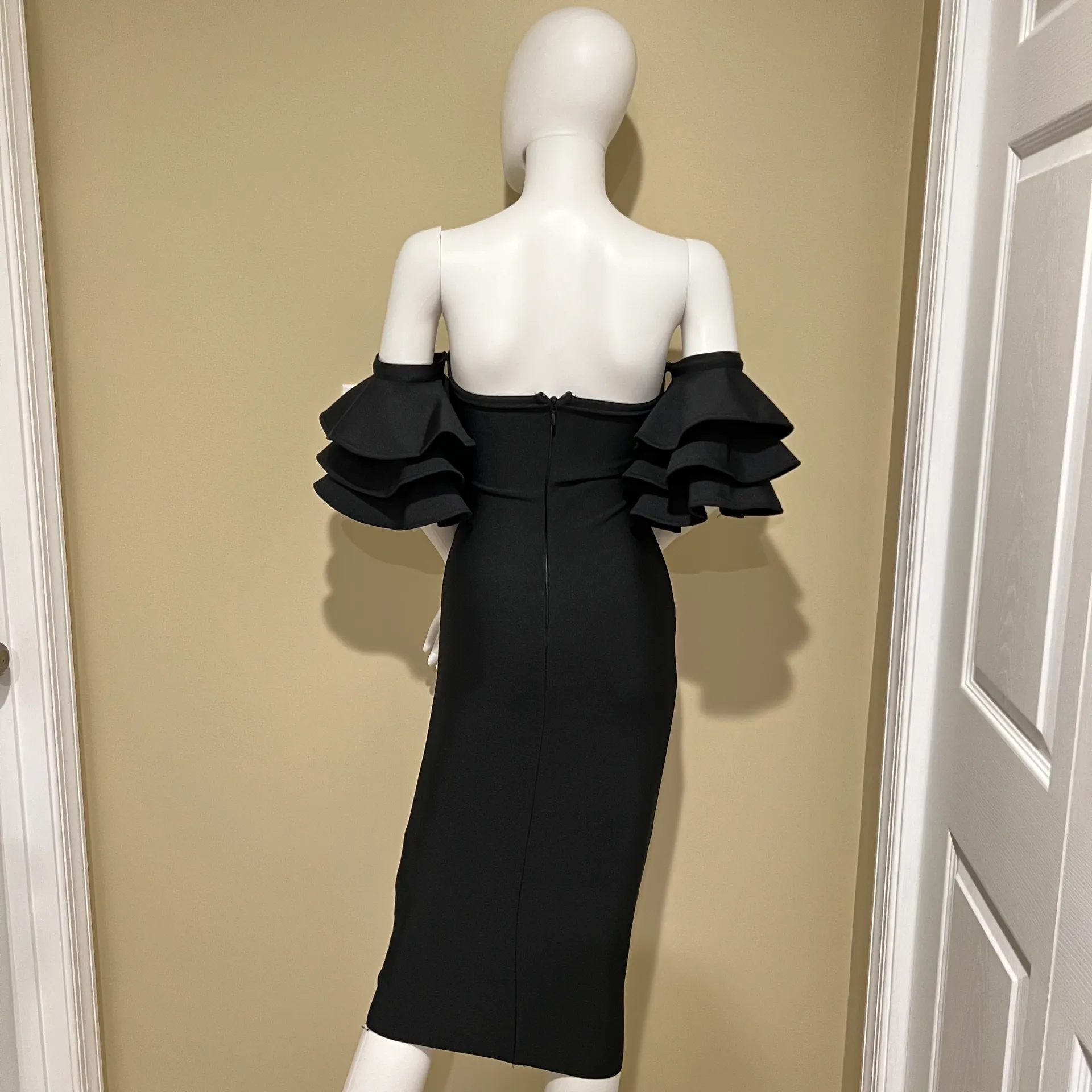 Ruffle Bandage Backless Midi Dress Open Back Slim Fit Bodycon Dress Party Dress Casual Dress Black Size XS - Image 8