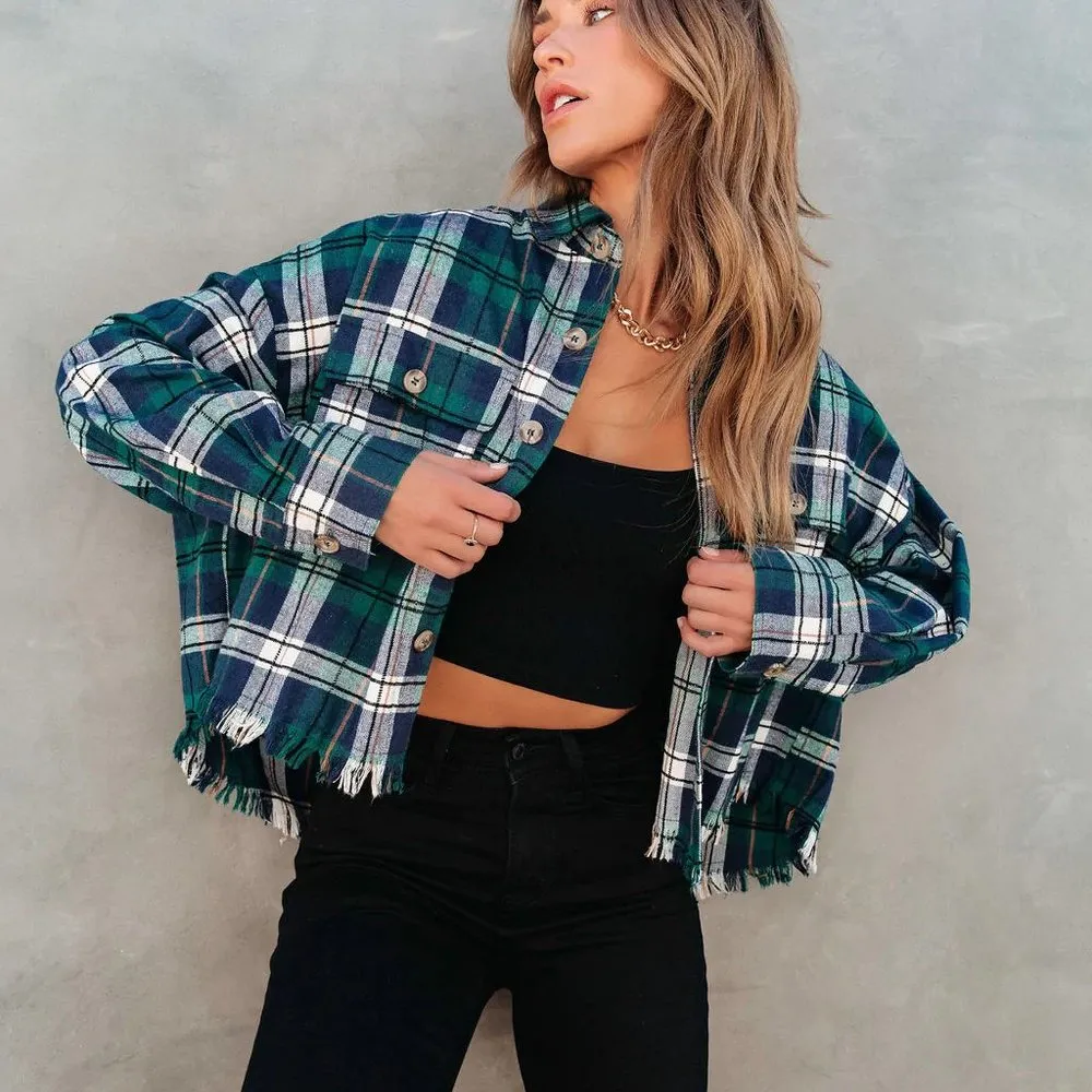 NEW -SPORADICALLY COOL PLAID FRAYED BUTTON DOWN TOP - Image 6