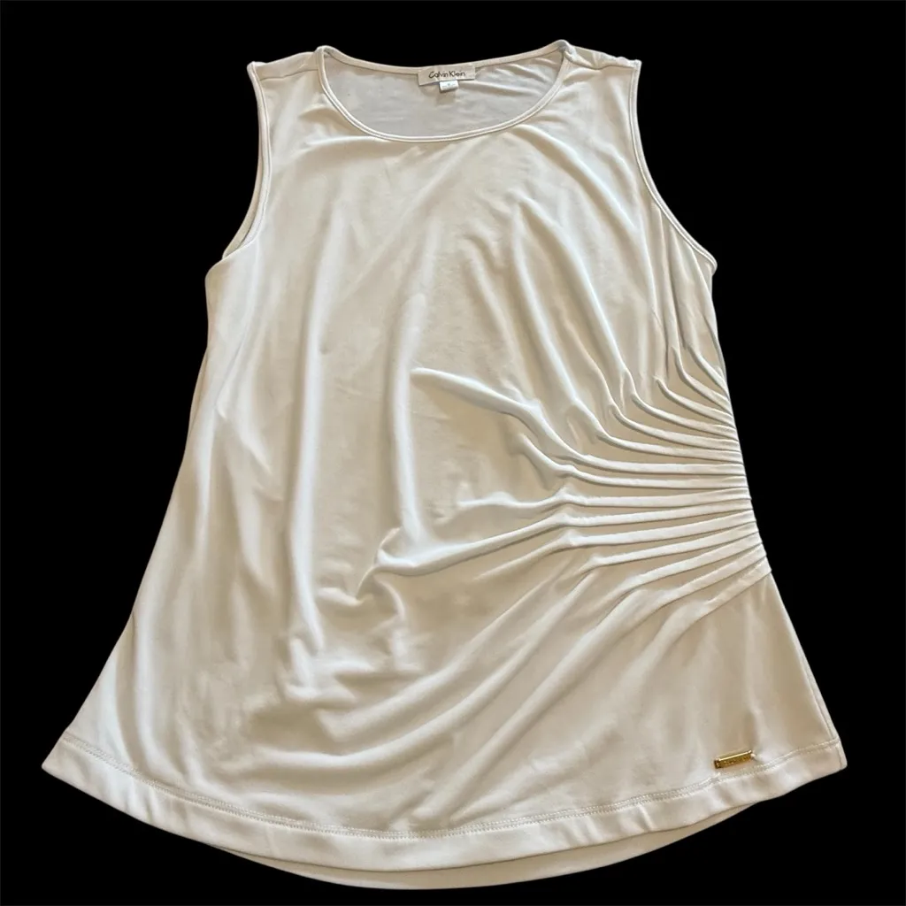 Calvin Klein Women's White Sleeveless Side Ruching Top Medium - Image 3