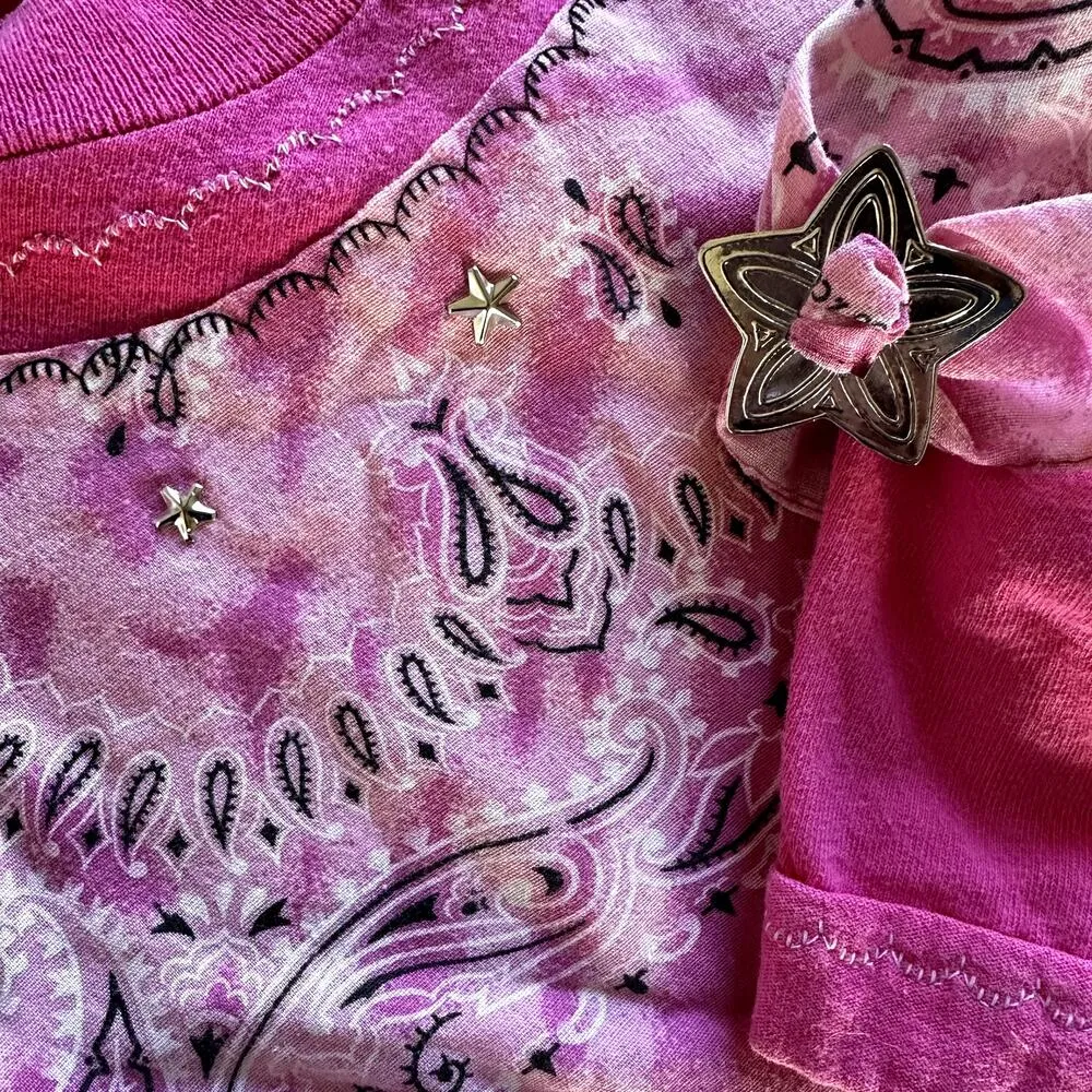 VTG Fruit of the Loom Paisley Bandana T Shirt Western Dolly Parton Cotton Pink L - Image 2