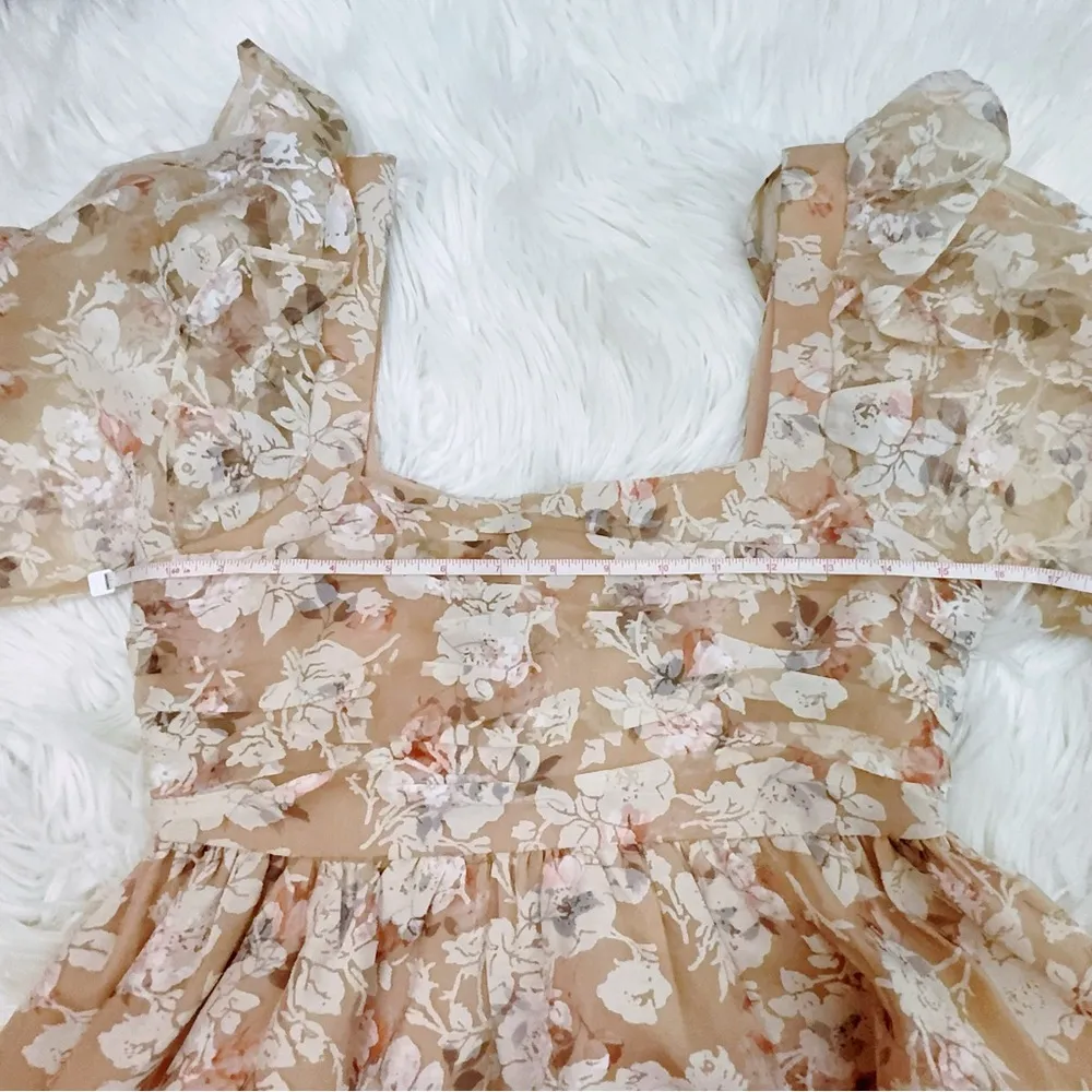 NWT En Saison Chaumont Floral Print Puff Sleeve Mini Dress in Orange Multi Small Tan - Image 9