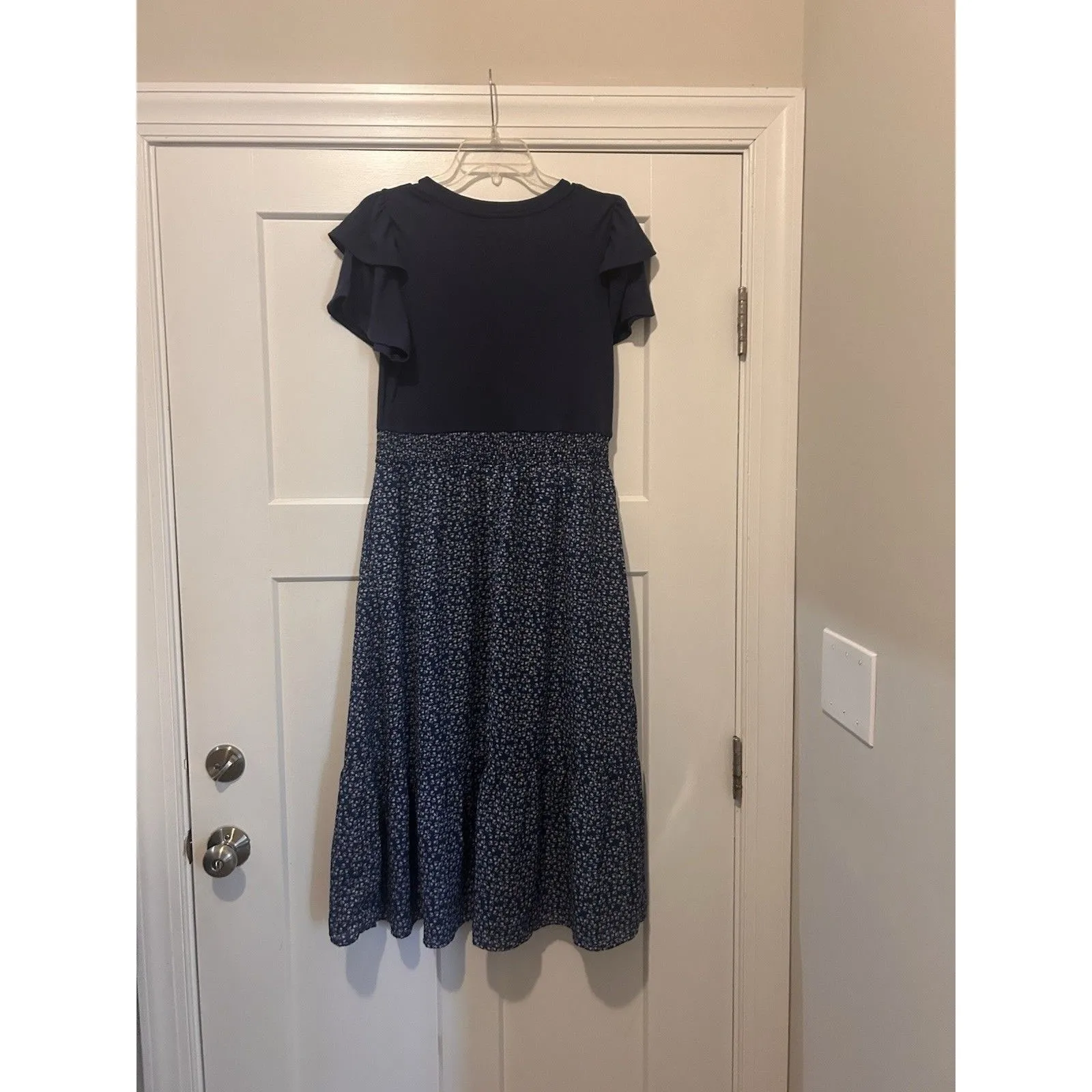 Women's Size Large Blue Maxi Dress Knit Top Woven Floral Bottom Cottage Modest - Image 7