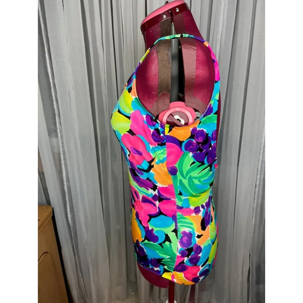 Lands end one piece swimsuit floral pink green orange bright - Image 5