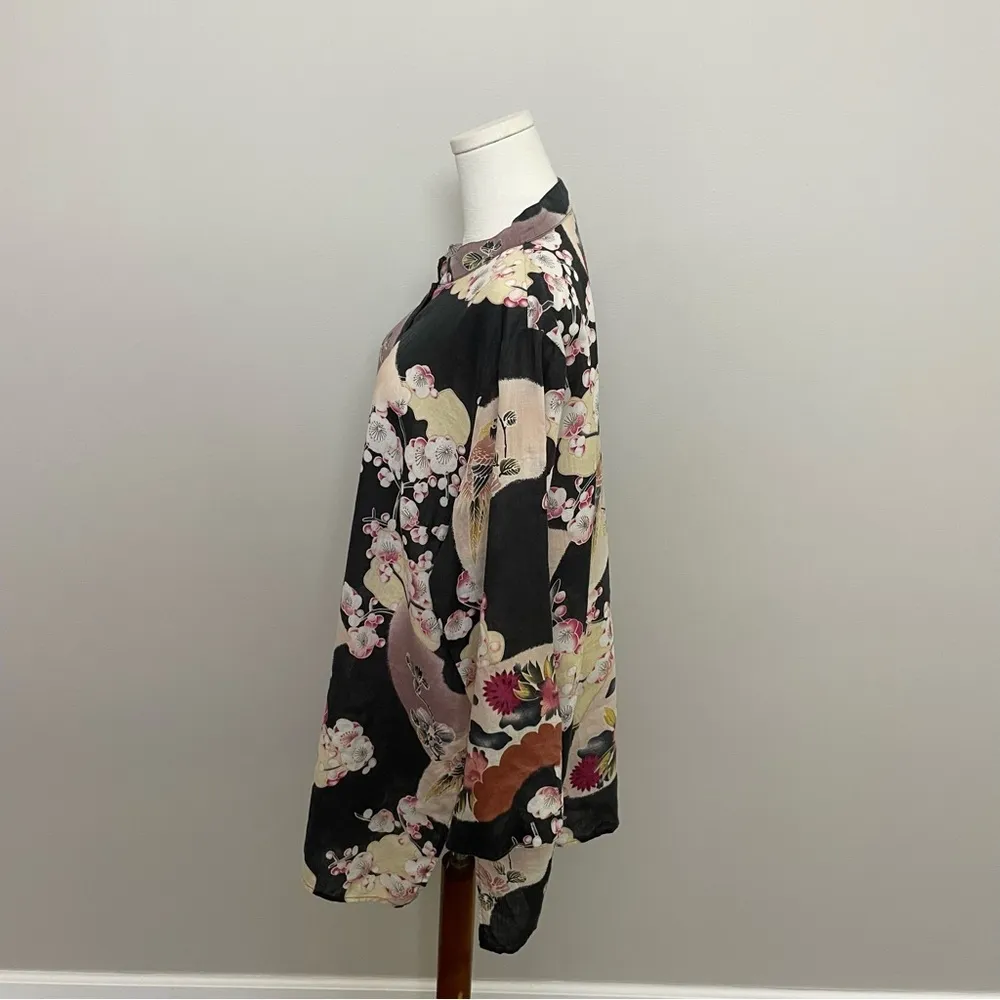 Citron Santa Monica Top Tunic 100% Linen Asian Floral Cherry Blossom Fans Black Size 2X - Image 5