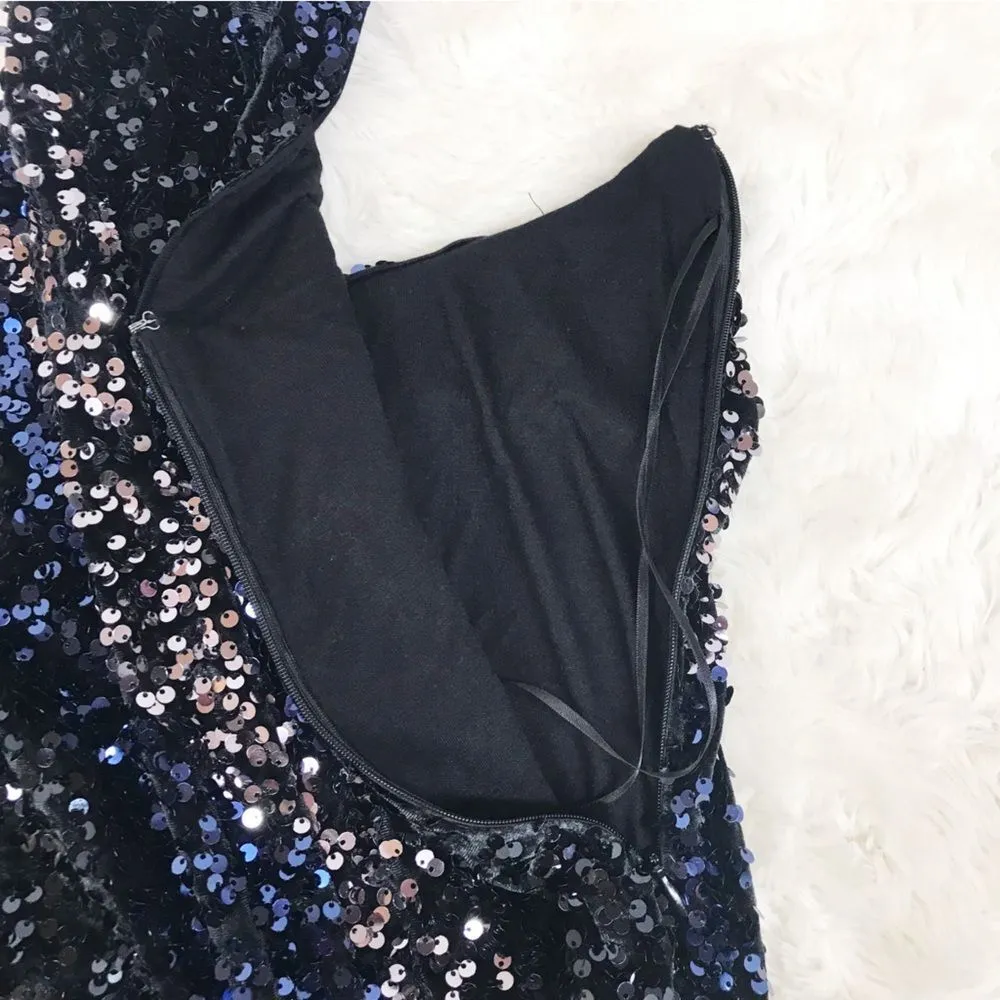 FREE PEOPLE Glitter & Gold Sequin Velvet Midi Dress Blue Black Size Medium‎ New - Image 11