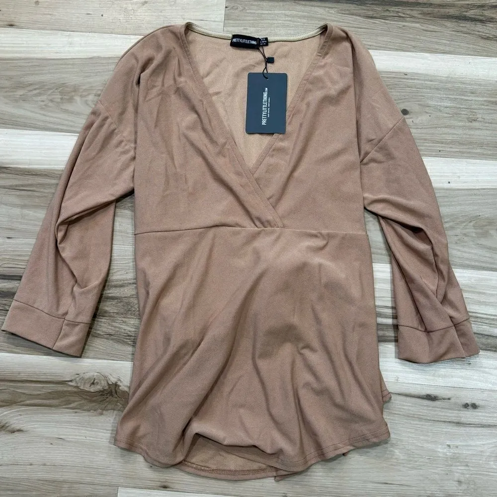 NEW Prettylittlething Plus Camel Tie Waist Blouse Women’s 14 - Image 5