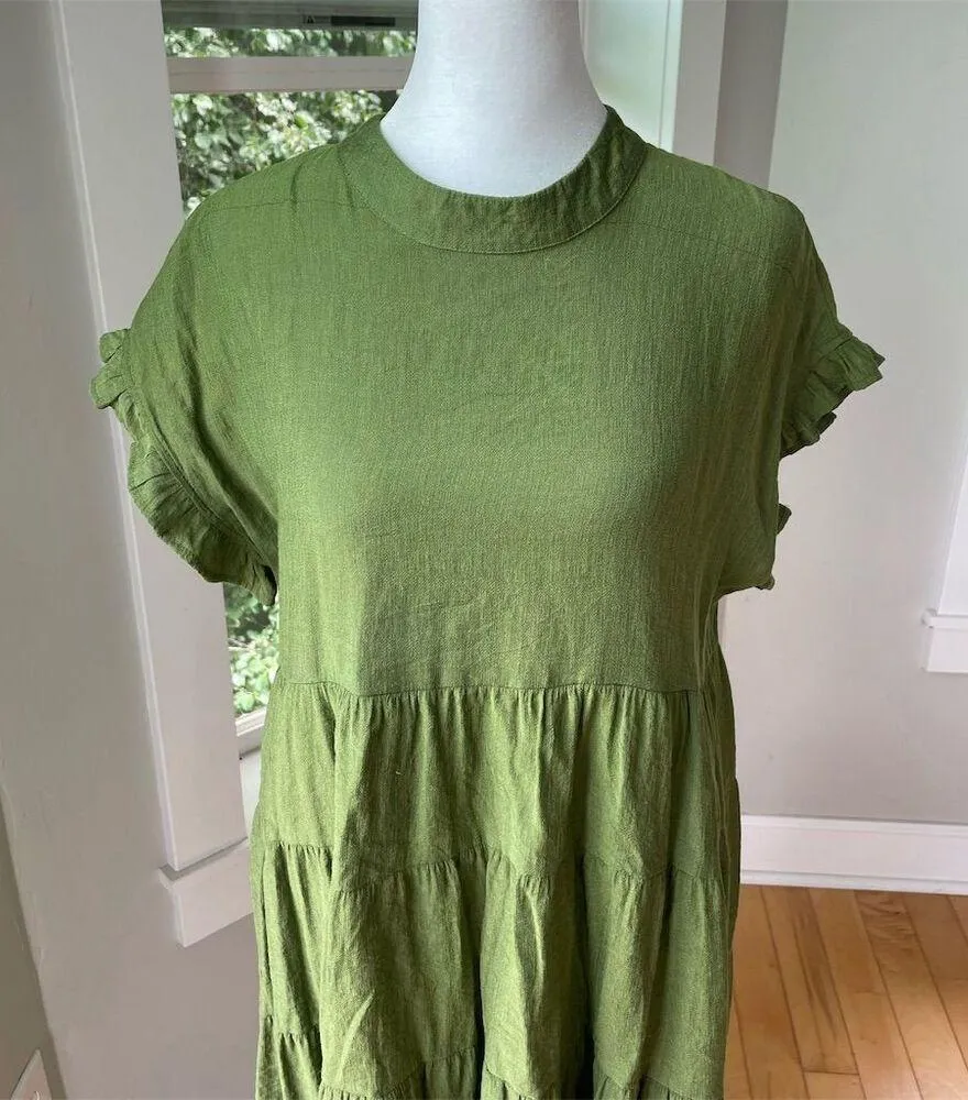 MIHOLL Green Tiered Mini Dress Size Small Knee Length Casual Short Sleeve - Image 3