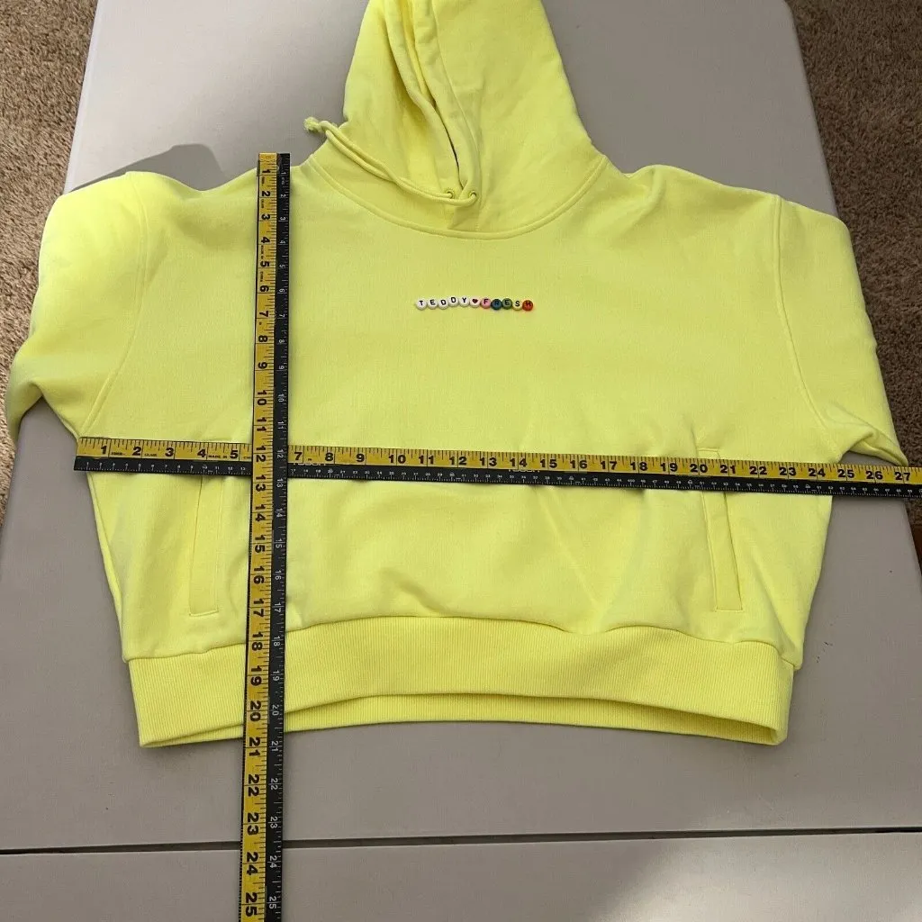 Teddy Fresh Hoodie Womens XL Highlighter Neon Yellow Cropped 100% Cotton Beaded‎ - Image 2