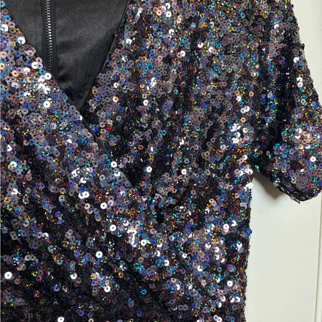 French Connection Purple Black Sequin Wrap Dress NYE Holiday Party 6 - Image 7