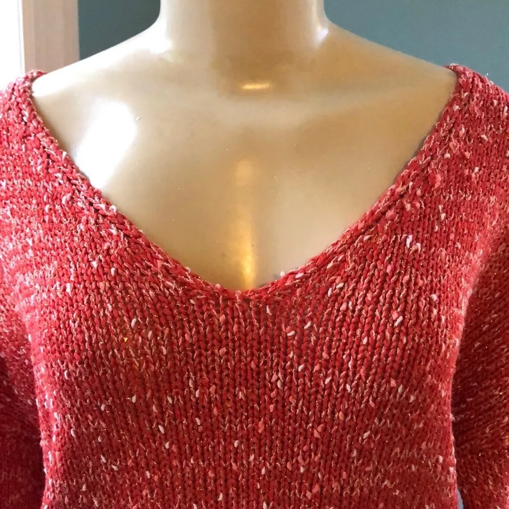 Massimo Dutti Women’s V neck Italian Yarn Sweater Casual Orange Gold Thread - Image 3