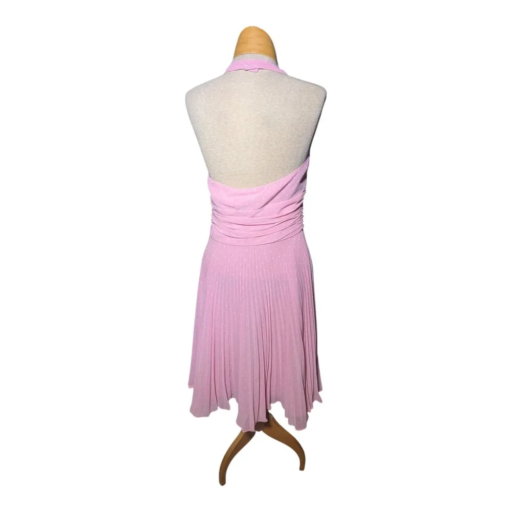 Vtg Y2K Bandolino Pink White Polka Dot Pleated Skirt Retro Halter Dress Sz 10 - Image 3