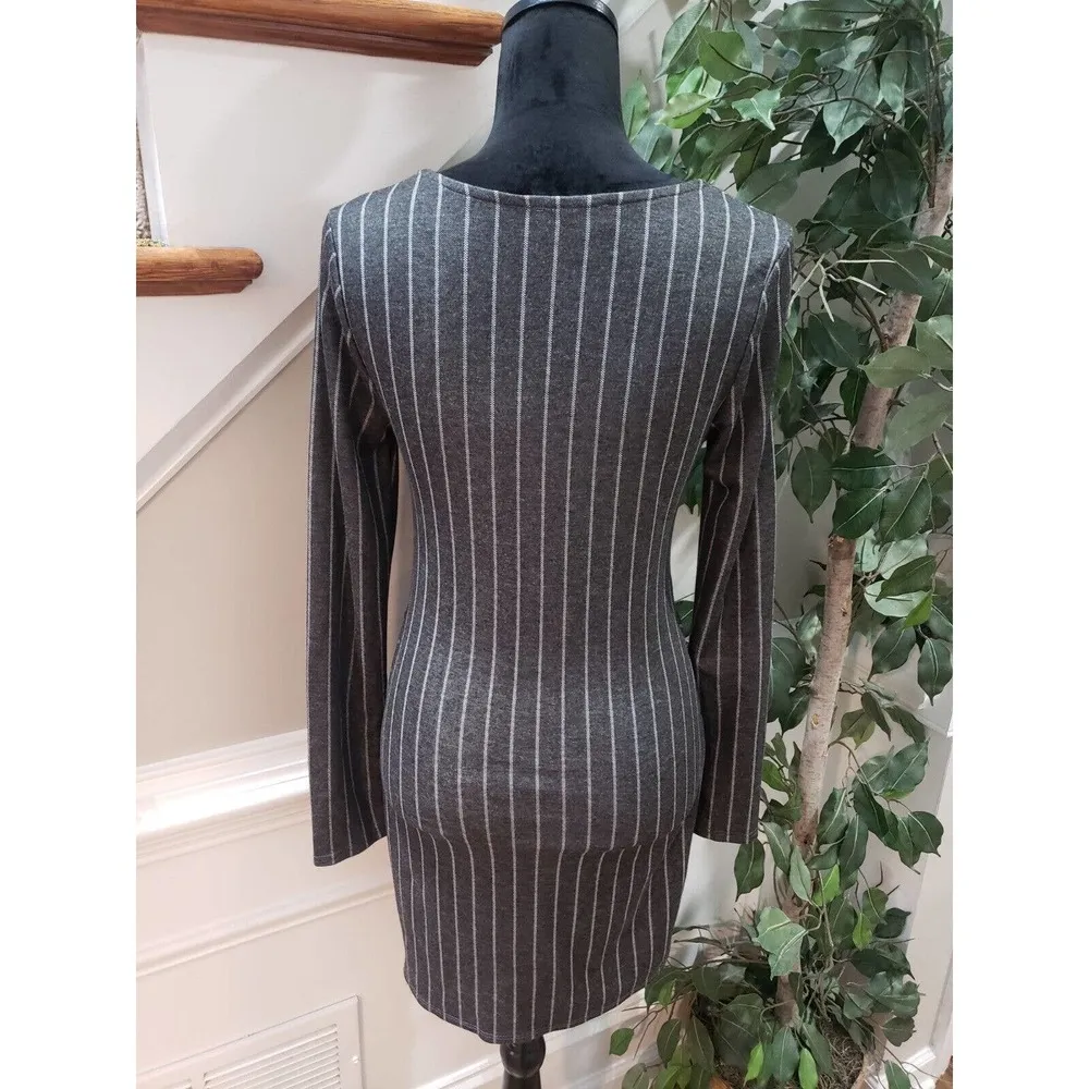 Spring Haze Women Gray Striped Rayon Long Sleeve Round Neck Knee Length Dress S - Image 6