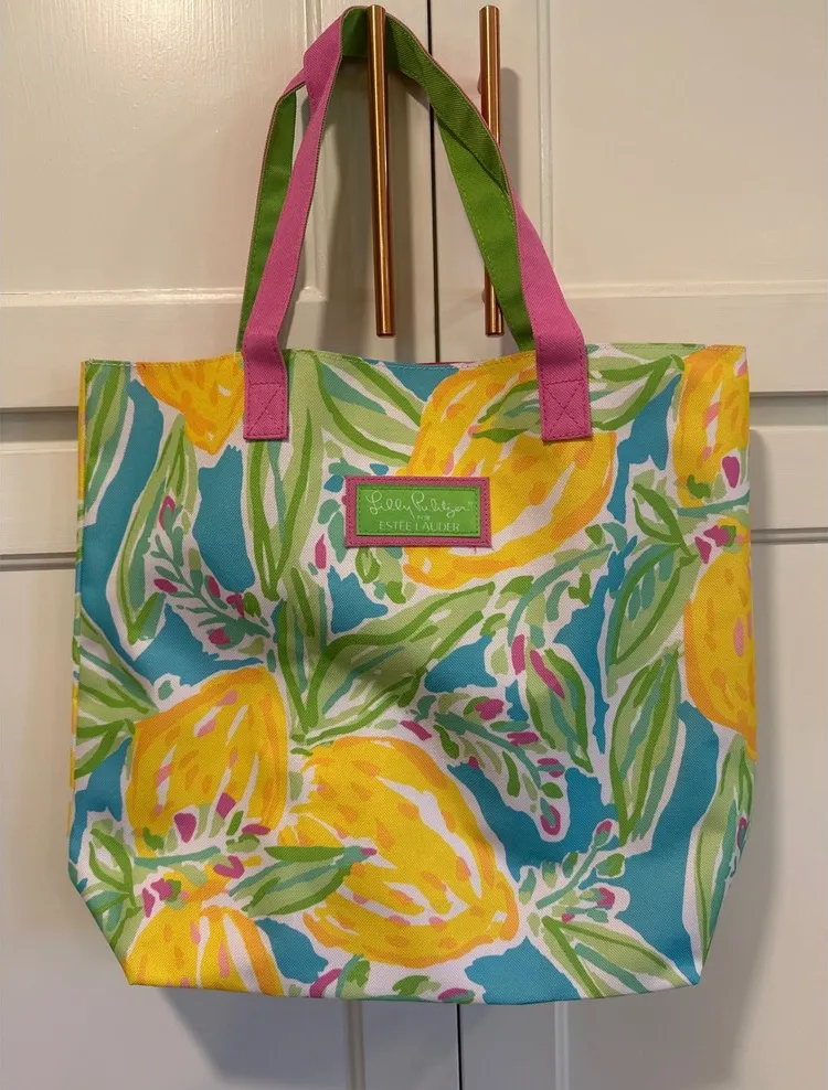Lilly Pulitzer for Estee Lauder Lemon Print Tote Bag summer beach pink yellow - Image 1