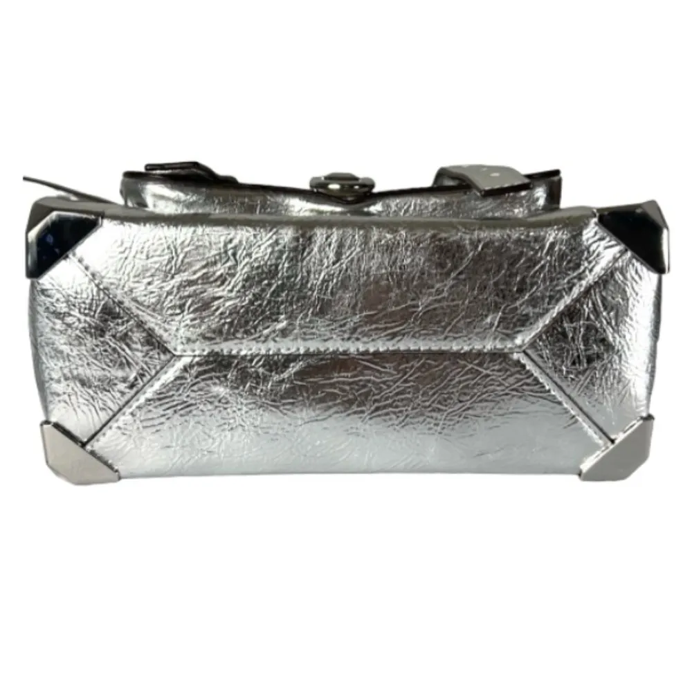 Manhattan Medium Crackled Metallic Leather Satchel Silver - Image 10